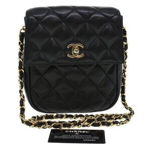 CHANEL Matelasse Turn Lock Chain Shoulder Bag Lamb Skin Black CC